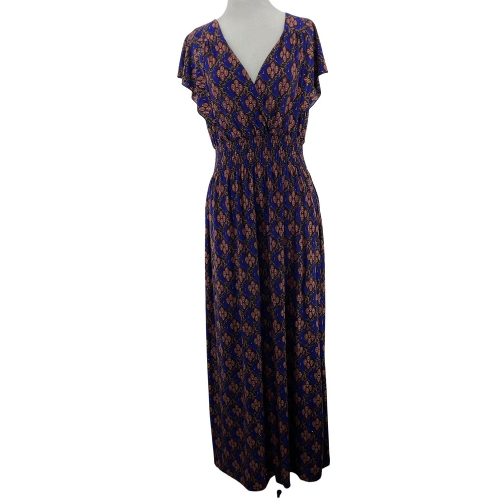 Seven Islands Size Large Maxi Dress Blue Purple Geometric Smocked Waist Womens